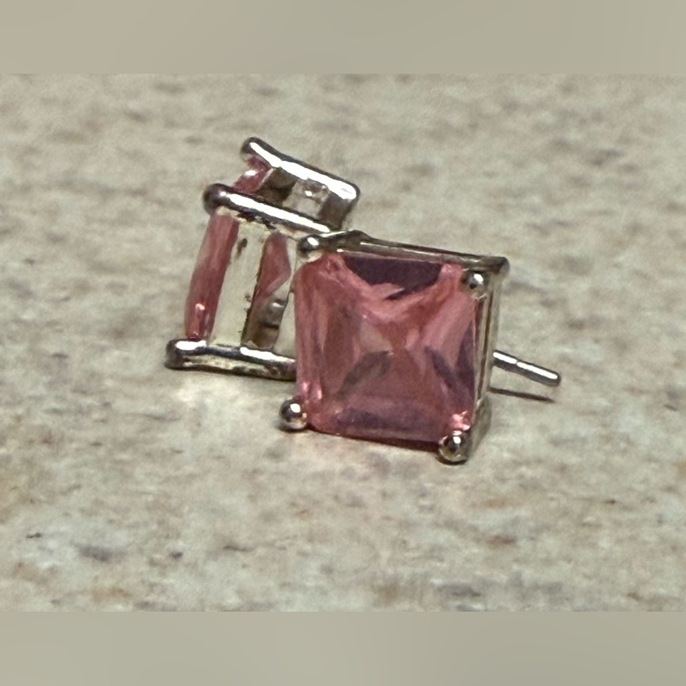 Pink Topaz Princess Cut Stud Earrings 5mm | Silver Square Minimalist Jewelry - Picture 4 of 4